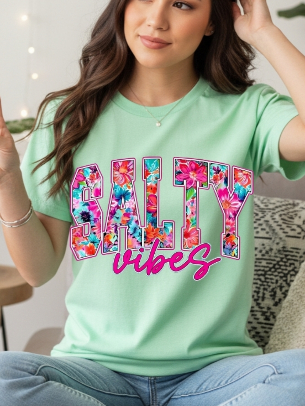 Gildan Mint 'Salty Vibes' Floral Graphic Tee - Women's Short Sleeve